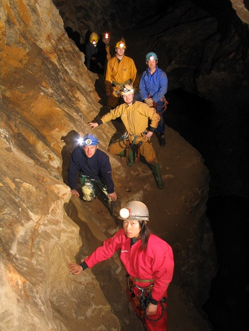 4. Crossing the traverse at Upper Springboard Cavern