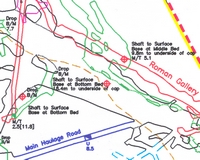 Part of the West Mine survey with passage outlines and locations of shafts. The colours represent different depths. The red and yellow lines are significant surface boundaries.